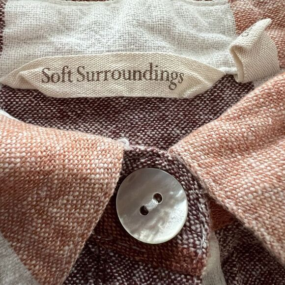 Soft Surroundings Button Up Blouse Small Petite  Linen Blend Checkered Plaid - Picture 3 of 5